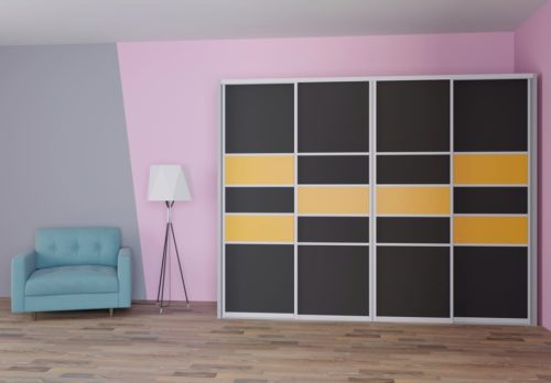 Moderne Schiebteuer für Schrank nach Maß in schwarz und gelb.