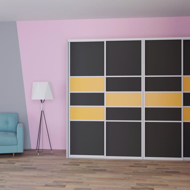 Moderne Schiebteuer für Schrank nach Maß in schwarz und gelb.